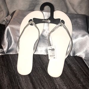 Sparkly silver rhinestone flip flops